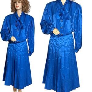 Vintage GIVENCHY Blue Pleat Skirt & Blouse Top Set Sz 16 Plus 38 Made In Germany